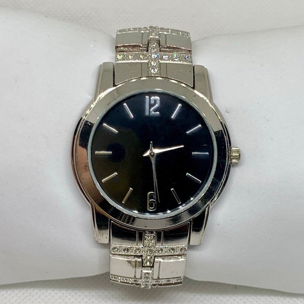 Allude men’s quartz analog watch silver tone 40mm round rhinestones 7” running